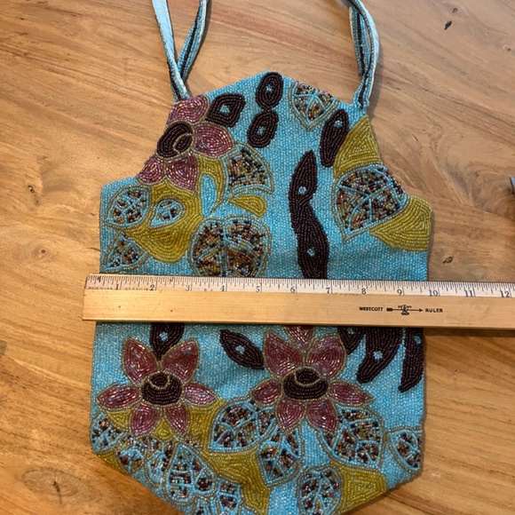 Chan Luu beaded and silk vintage handbag,  blue bronze with pink flowers, yellow - Picture 5 of 13